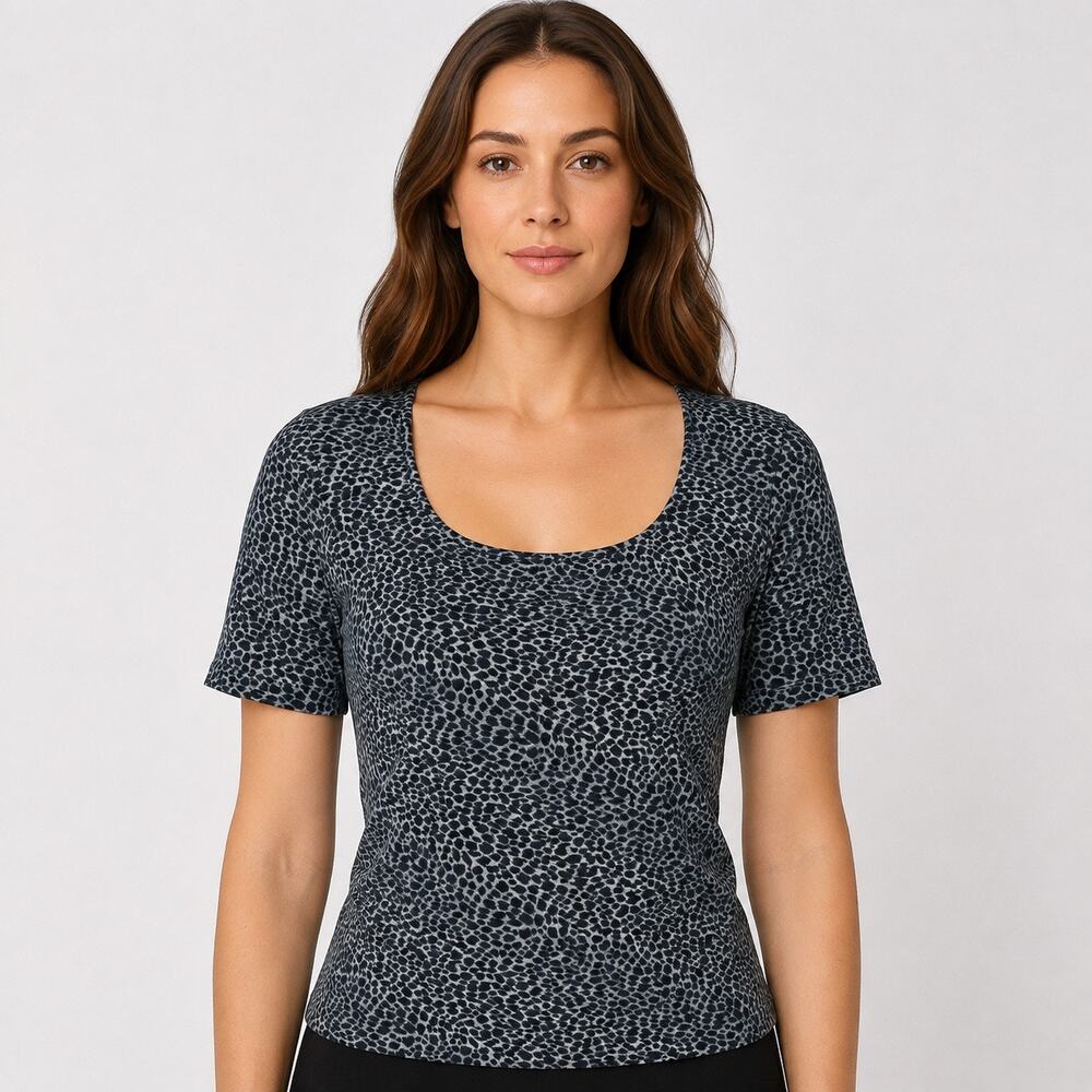 Animal Print Leopard Scoop Neck Short Sleeve Fitted Stretch Top S/M -